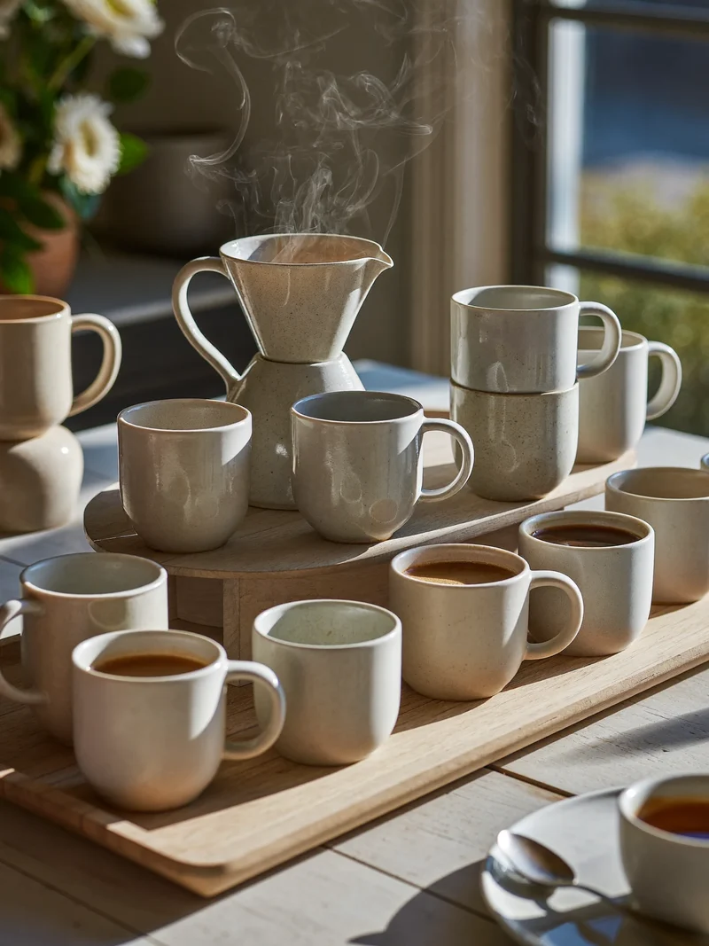 Mondhelle Steinzeugtassen und Espressotassen auf einem Holztablett neben Pour-over-Kaffee